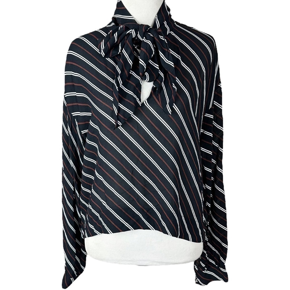 Aritzia Wilfred Sheer Plaid Striped Neck Tie Bow Blouse Size XS Corporate
